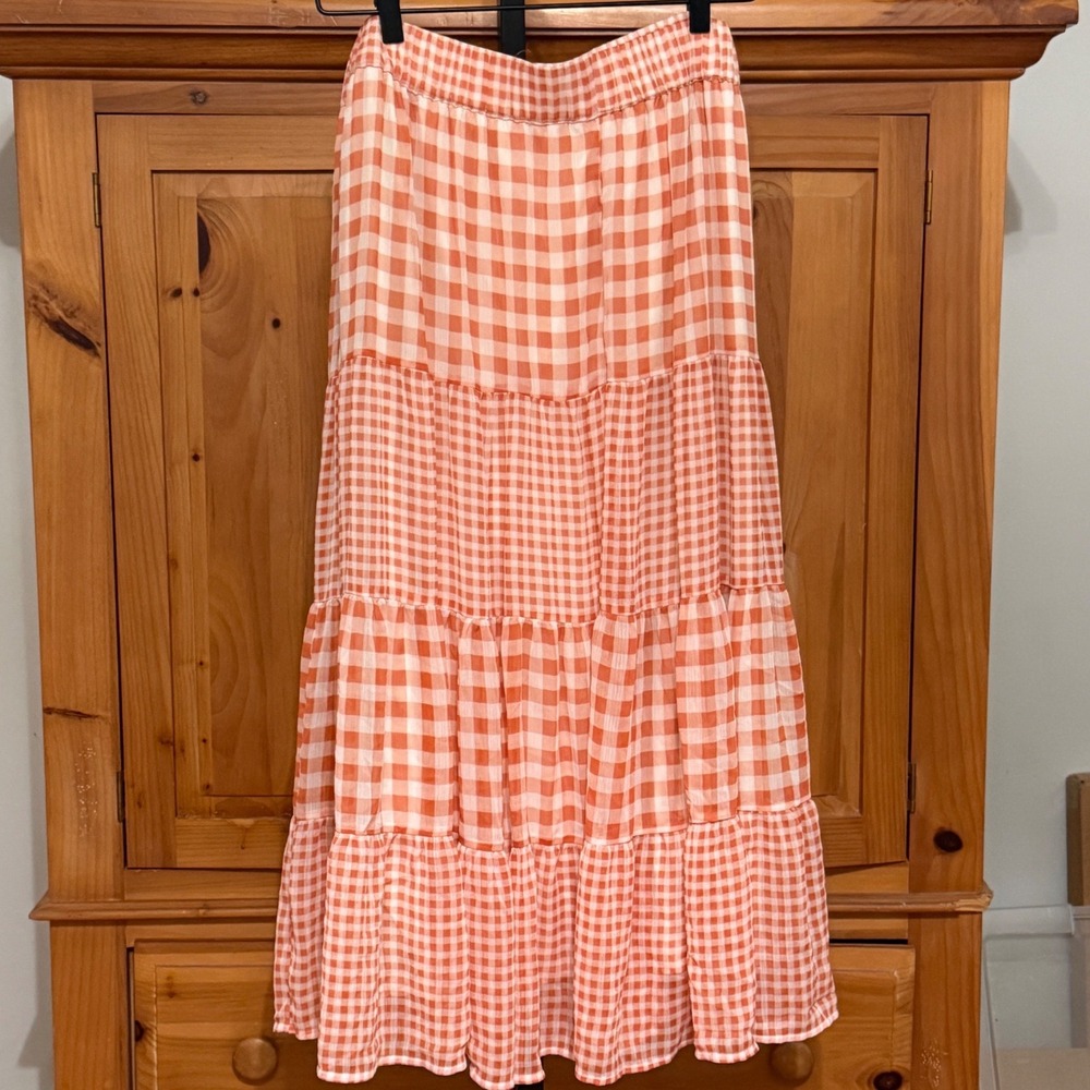 LC Lauren Conrad Maxi Skirt Gingham Tiered XXL Orange Excellent Lined Elastic - Picture 2 of 4